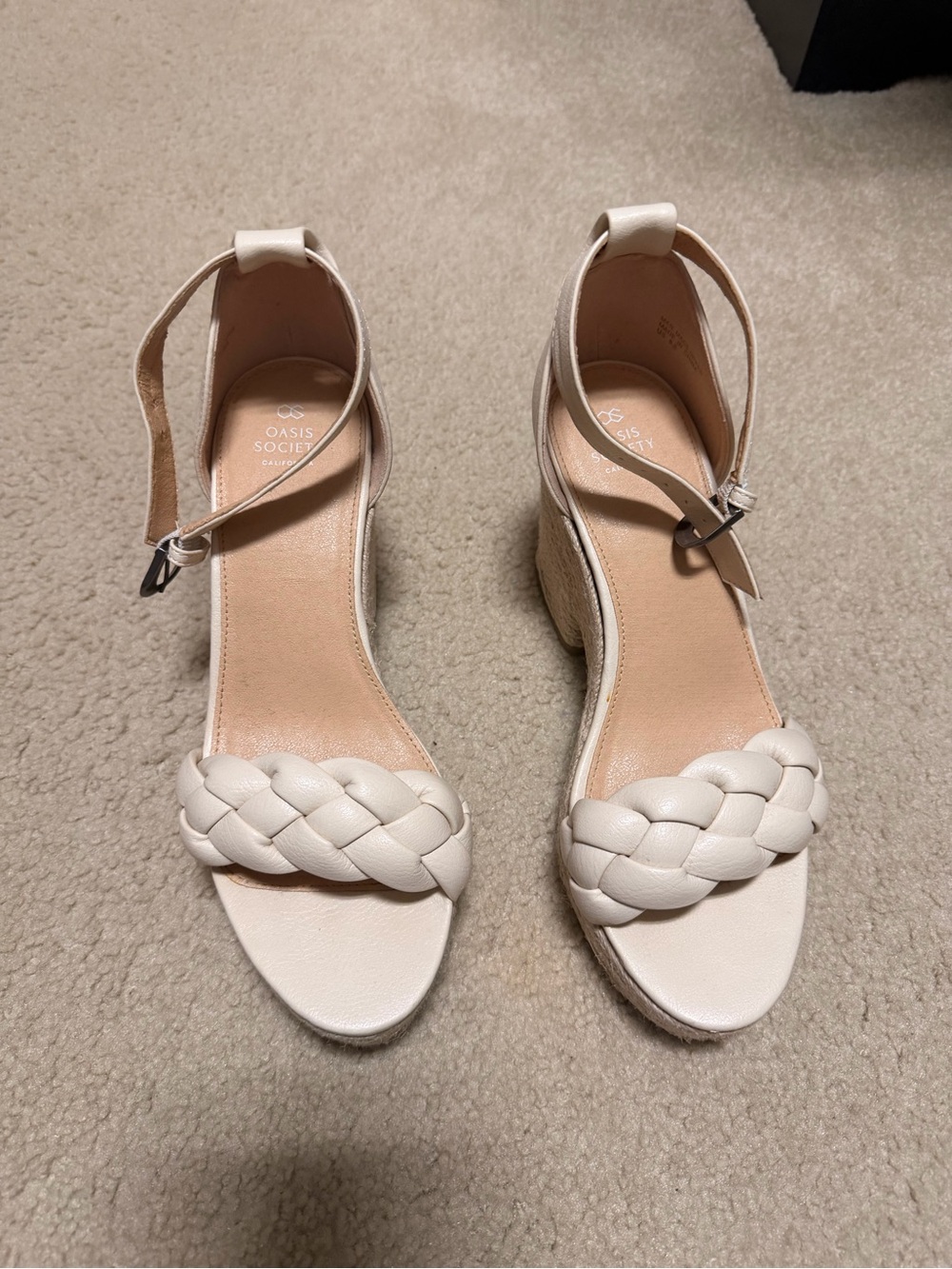 Society Cream Braided Ankle-Strap Wedge Sandals